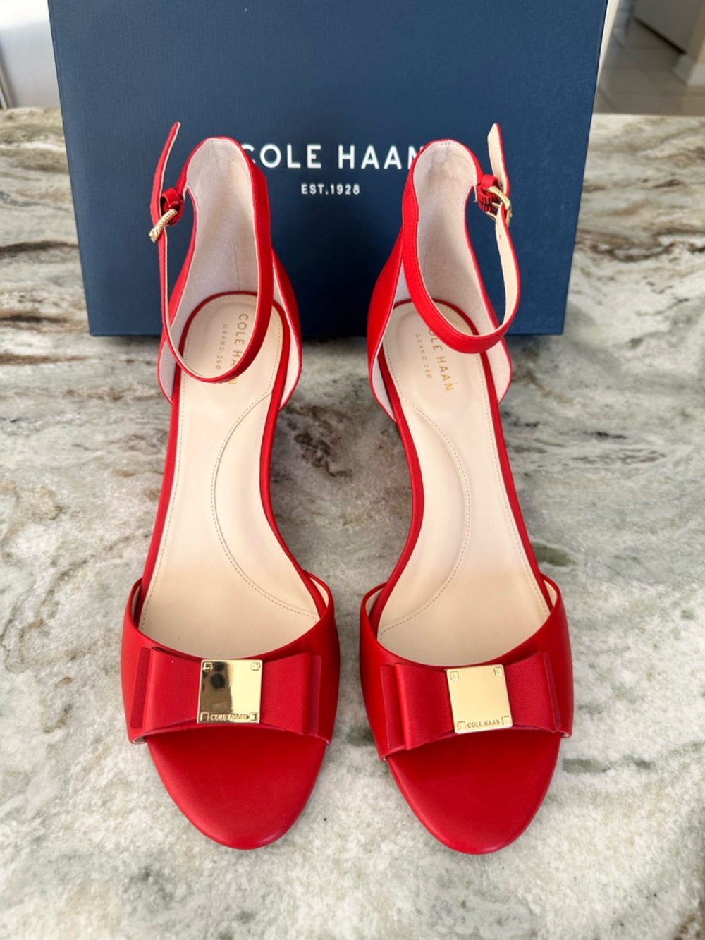 NWT Cole Haan Red Ankle-Strap Heels with Bow and Gold Accents